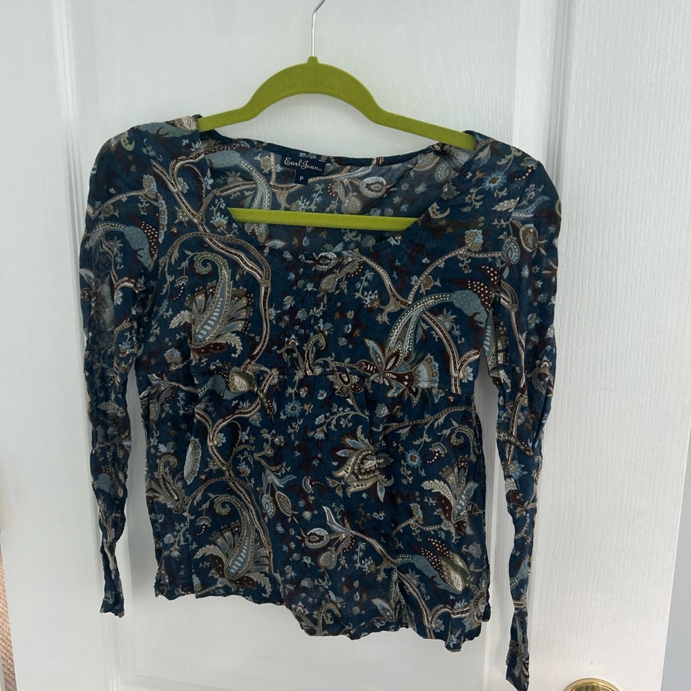 Earl Jeans Blue Fitted Ruched Long Sleeve Blouse